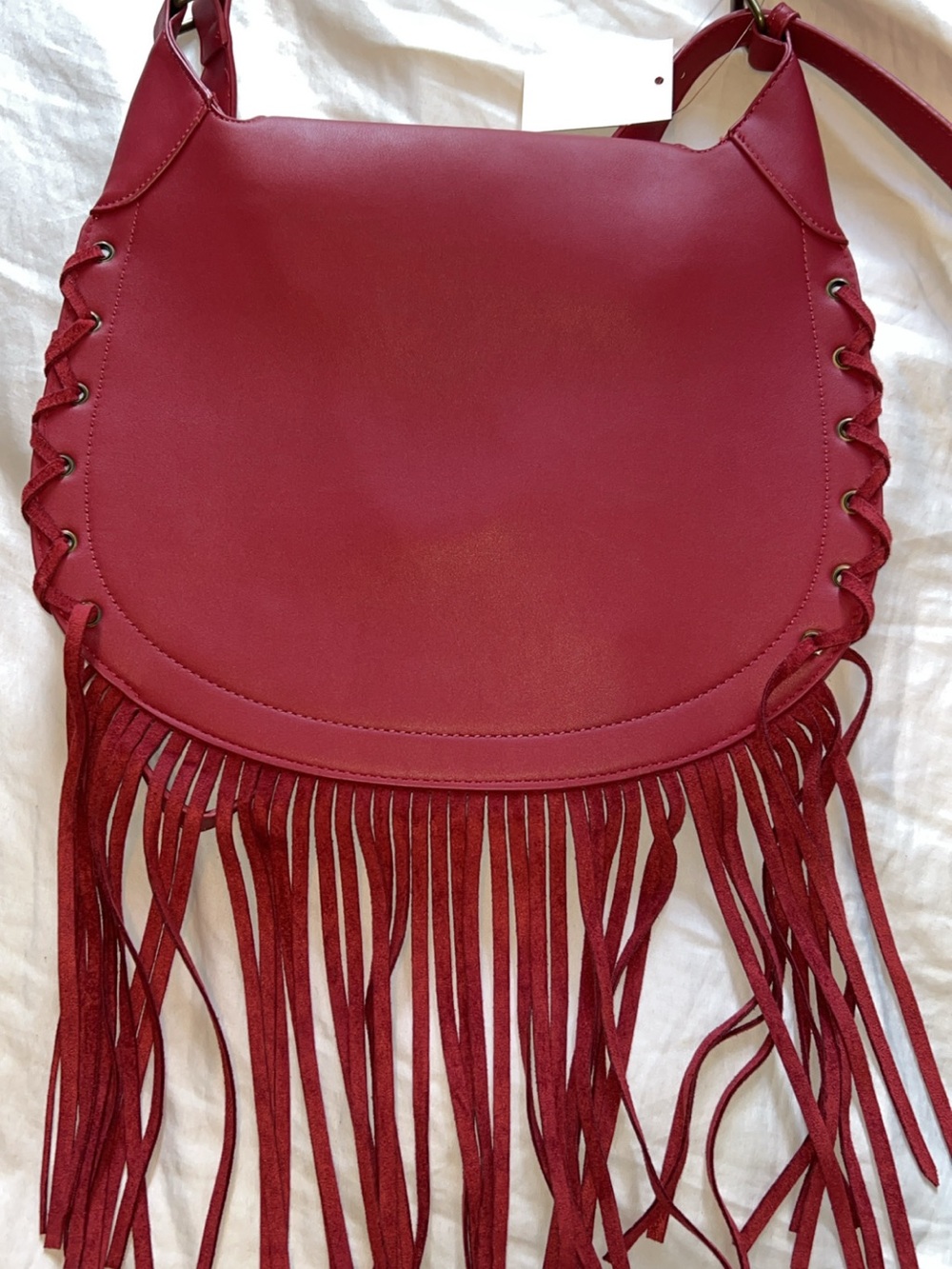 Three Bird Nest Red Fringe Crossbody Hobo Bag with Stud Accents - Picture 2 of 3